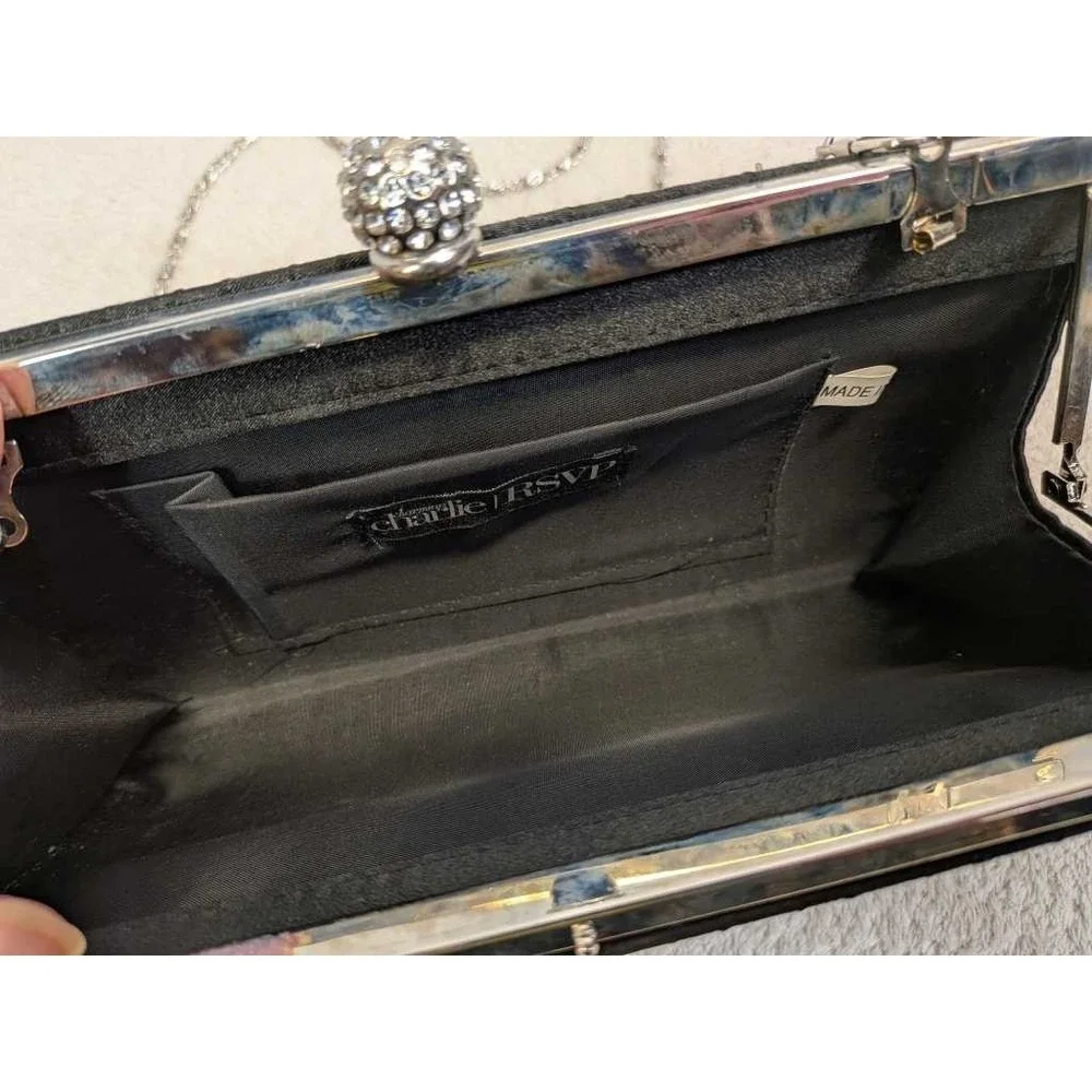 Charlie RSVP Black Pleated Rhinestone Ball‎ Evening Clutch Chain Bag